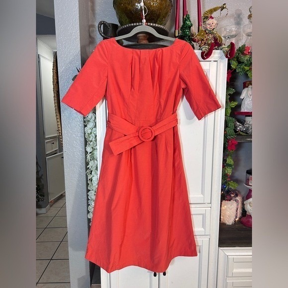 Small Coral Orange Modest Belted High Neck Dress Short sleeve - Picture 9 of 11